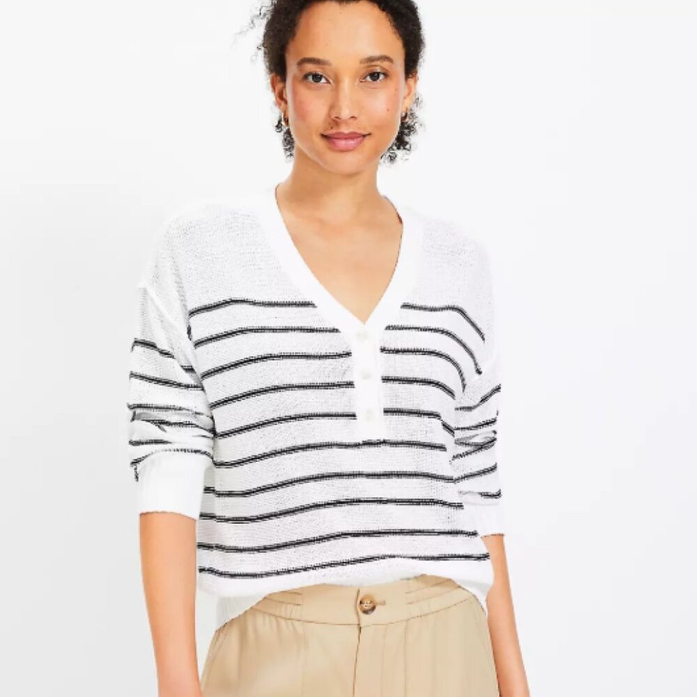 Henley Sweater Stripe Textured Stitch Size Large by LOFT Brand NWT